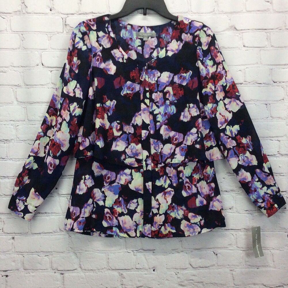 NY Collection Blouse Women's Size S Multicolor Layered Button Up Lightweight